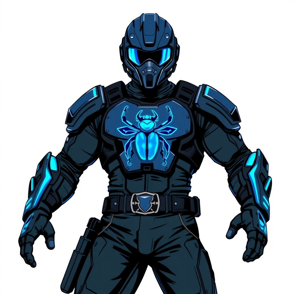 A 28-year-old cyberpunk vigilante stands heroically, clad in hi-tech, maximum blue tactical armor featuring a neon blue beetle on the chest. He wears black biker pants, a black belt with a sapphire beetle buckle, and a helmet resembling a sleek, tactical design, but colored maximum blue with neon blue lenses. Their hands are protected by black hi-tech gloves, all set against a solid white background. He is drawn as if he was in a retro 2D cyberpunk fighting game.