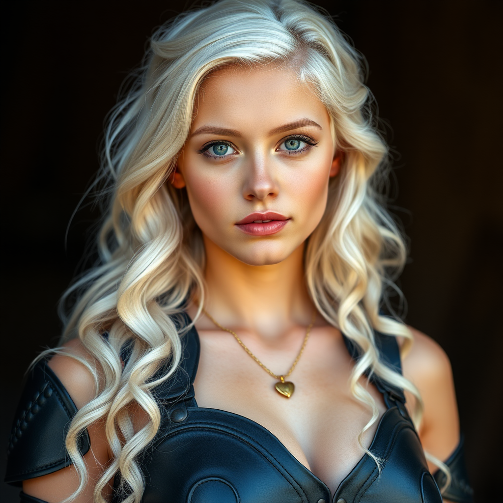 Portrait of a beautiful young woman with long wavy platinum blonde hair, green eyes, a suntan, large breasts, and light brown eyebrows. She is wearing black leather armor and a gold necklace with a small heart pendant. Her face and body are facing the camera and light is coming from behind the camera.