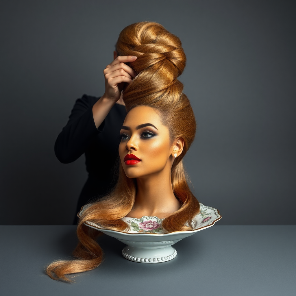 In an avant-garde tableau, a strikingly beautiful, disembodied head of a fashion icon reminiscent of Beyoncé rests elegantly on an ornate, vintage plate, its delicate china adorned with intricate floral patterns. Her long, luscious hair cascades down, shimmering like molten gold, while each strand catches the light, creating a halo effect around her perfectly sculpted features. Her chin rests gracefully on the edge of the plate, accentuating her strong jawline and full, inviting lips, which are painted with a bold crimson hue. 

Behind her stands a dedicated hairdresser, dressed in chic, all-black attire, exuding a sense of calm concentration as they skillfully gather the flowing locks. The hairdresser’s fingers move deftly, weaving her hair into an impressive, towering updo reminiscent of a regal crown, adding height and drama to the surreal scene. The atmosphere is imbued with a quiet intensity, and the air is rich with the scent of high-end hair products—a blend of floral notes and smooth vanilla.

The background is a plain, muted gray, providing a stark and minimalist canvas that amplifies the surrealism of the arrangement, allowing the viewer to focus entirely on the exquisite details and craftsmanship at play. The contrast between the opulence of the subject and the simplicity of the setting creates a captivating visual narrative, engaging the viewer's imagination and inviting deeper reflection on themes of beauty and identity.