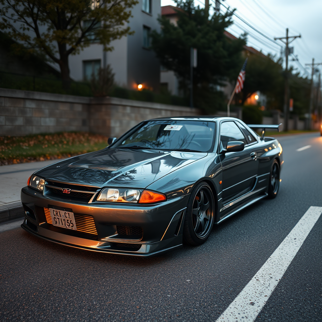 the car is parked on the side of the road, inspired by Taiyō Matsumoto, tumblr, restomod, nd4, c4 metallic shine nissan skyline r34