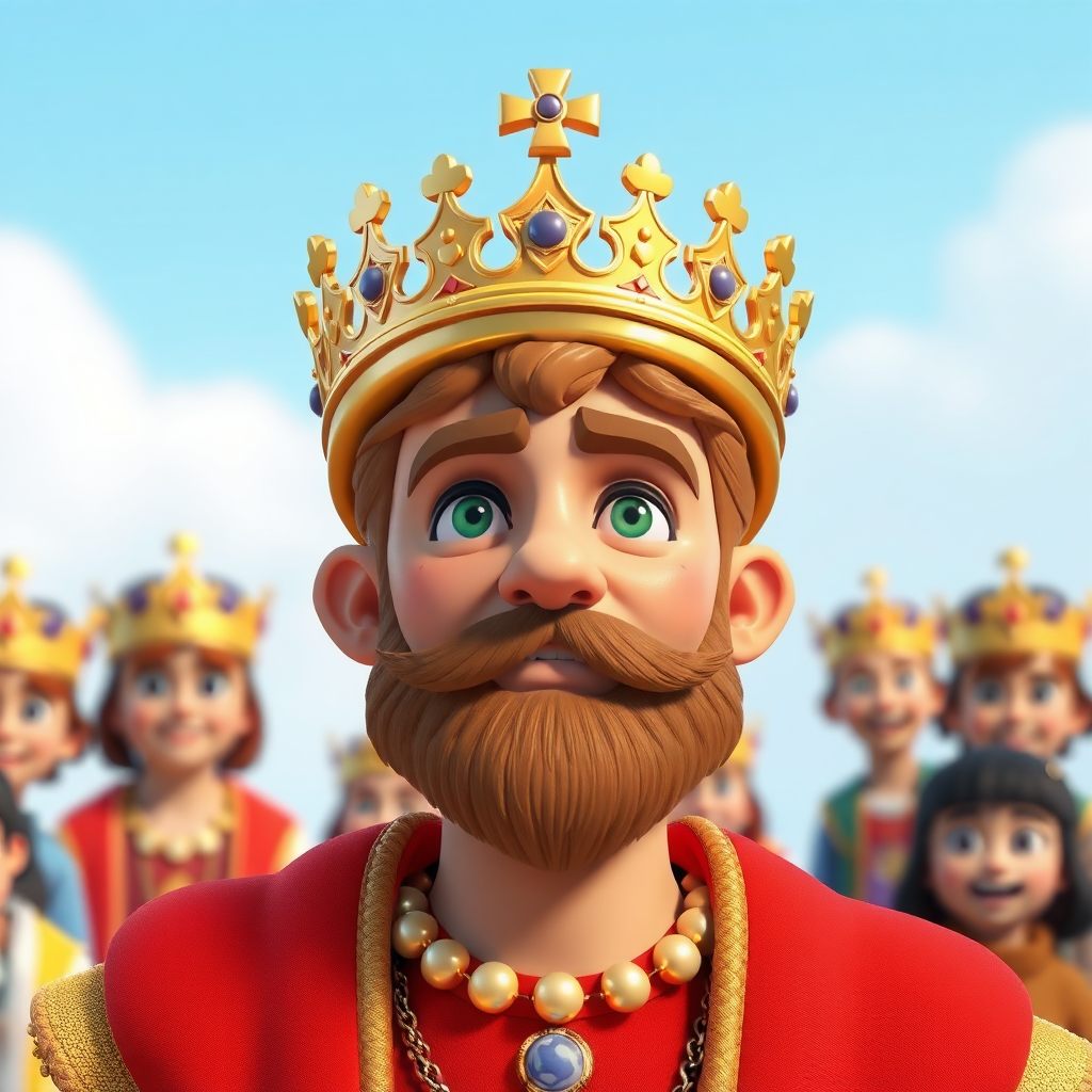 King not wearing Crown  
3d Animation. Vibrant  