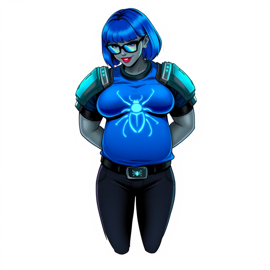 A 28-year-old, full-figured, metallic middle gray skinned cyberpunk computer program hybrid with a short maximum blue bob cut. She has a non-athletic build, highlighted by a prominent, round midsection (with a focus on her round belly). As a digital sidekick to her cyberpunk vigilante boyfriend, her middle gray metallic skin and maximum blue lipstick emphasize her digital nature. She wears a digital, computerized costume consisting of a huge, tight-fitting, neon blue glowing armored, maximum blue t-shirt (accentuating her belly) with a neon blue glowing chest icon of a beetle, black pants, a black belt with a neon blue glowing digital beetle buckle, and black hi-tech gloves. Her bright blue eyes, black eyeglasses with lenses glowing bright neon blue, and shy smile with neon red blush accentuate her nerdiness. She bashfully bows her head (while still facing the screen) with her hands behind her back, her t-shirt covers her midsection (especially her belly) and emphasizes her full-figured, non-athletic physique. She is on a solid white background. She is drawn as if she was in a retro 2D cyberpunk fighting game. She is clearly non-athletic, with a focus on her full figure. Make sure her outfit covers all of her bare skin (especially her midsection).