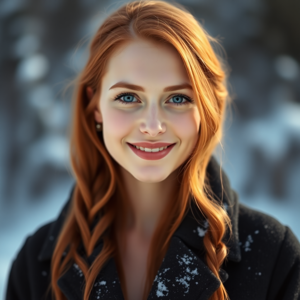 beautiful young elegant woman with ginger long hair, full lips, pale skin, on Alaska smiles in the snow