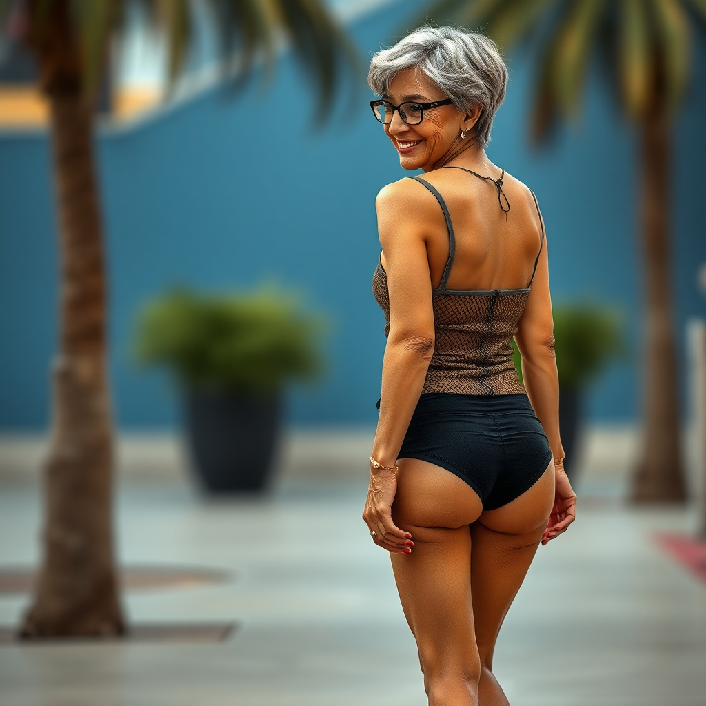 55 Years old, European, Latina, sharp aquiline nose, wrinkles, high cheekbones, Middle Eastern, Skinny, Tanned skin, Dark light skin, Rounded Medium breasts, Skinny thighs, round ass, full Makeup, jewelry, Serious face, Sharp nose, blushing, Ash hair, short bowl haircut, Brown eye color, Glasses, with detailed features. swaying hips, smiling, She is walking away, back side view, she is looking over her shoulder, she is wearing a brown mesh tight tank top and a tight full coverage black high cut ruched thong, visible panty line, detailed fabric. full body, high heels sandals, painted toenails, long establishing shot,