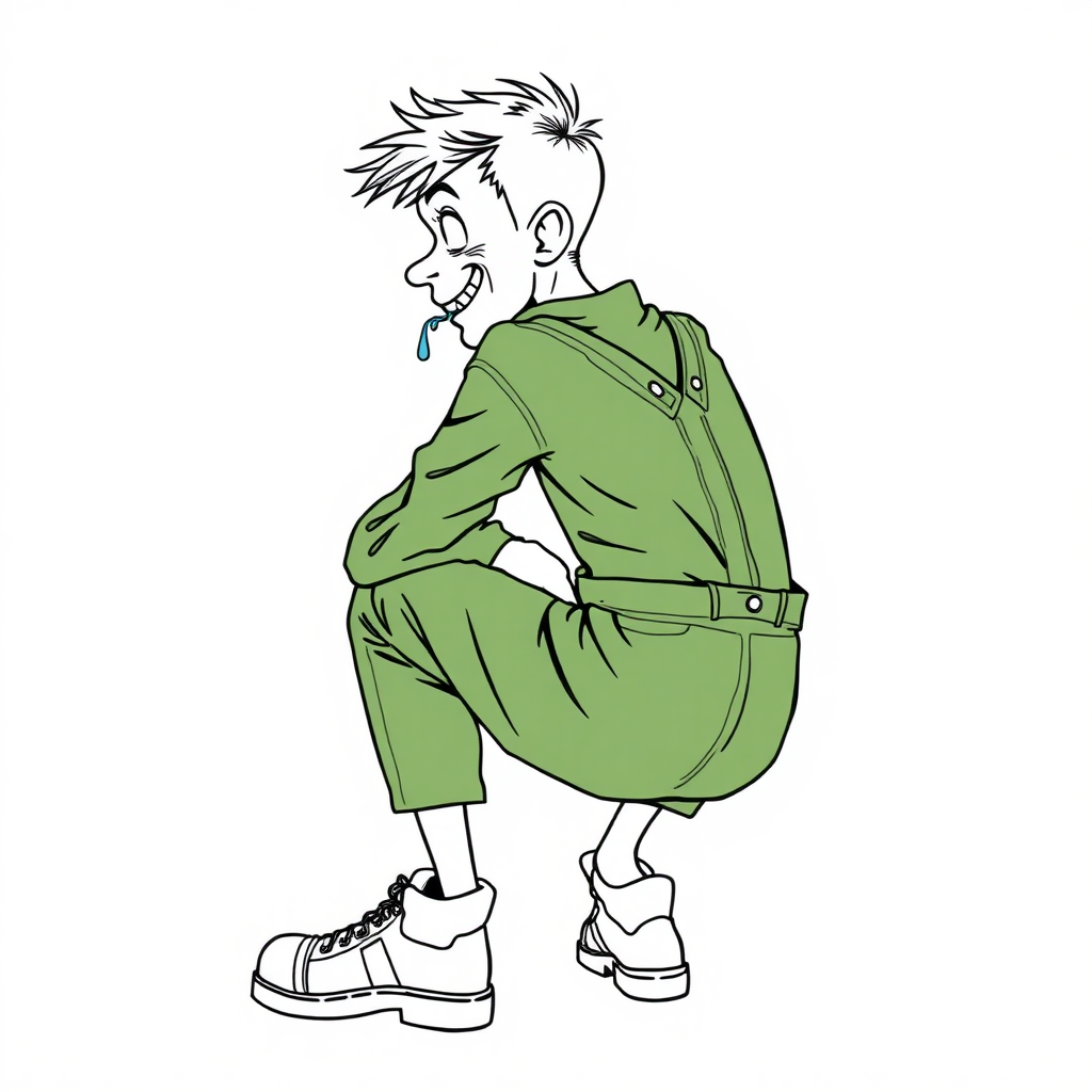 nervous small 15 year old european skinny man, long sleeves green coveralls, tense fabric, squatting, stunned, mesmerized, joyful, heavy drooling, side view, safety shoes, detailed feet, 2D, caricature, cartoon, Sketch lines, coloring book, coloring book, side rear view