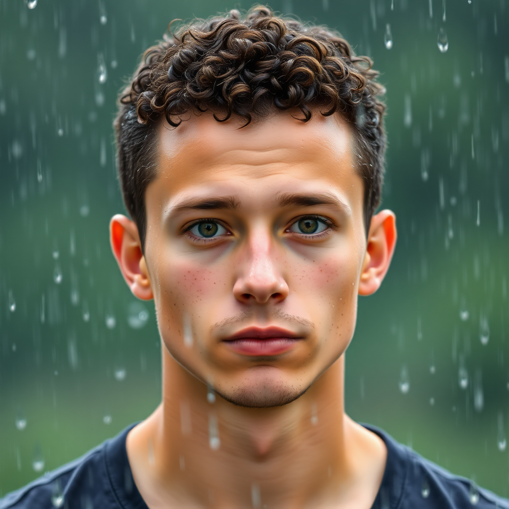 so much rain, man with very short fine curly hair, oval face, small nose, brown eyes, thin lips, normal attached ears