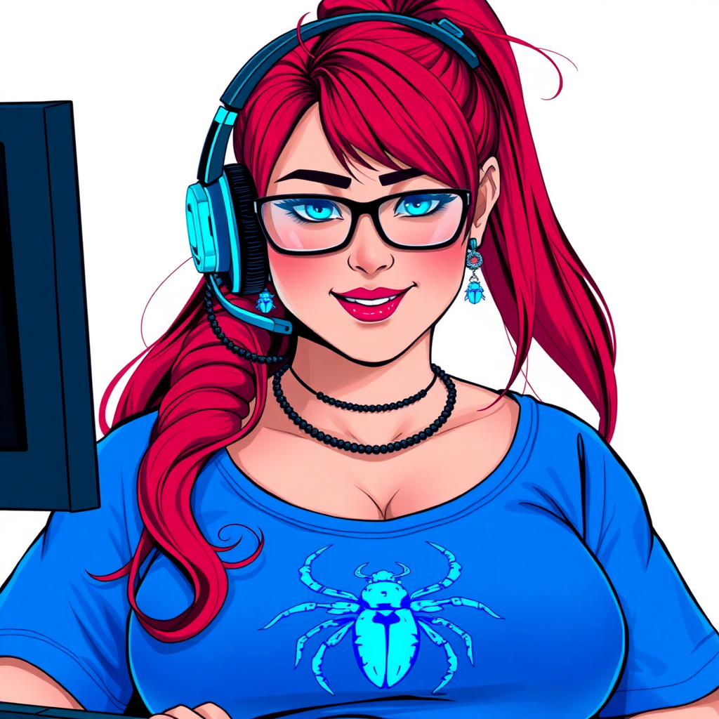 A cyberpunk vigilante’s full-figured intelligent and tech-savvy 28-year-old girlfriend, who is a computer hacker and tech genius. She has a long ruby red ponytail. She wears maximum blue lipstick, bright blue eyes, a sapphire beetle gemstone necklace, sapphire earrings, black eyeglasses, and an oversized maximum blue t-shirt featuring a blue sapphire gemstone crusted beetle chest icon. She has a full-figured physique with a prominent, massive, round belly, reflecting her well-cared-for lifestyle. She sports a sapphire headset with a hi-tech maximum turquoise lensed HUD, and a shy smile with a neon red blush. She serves as his tech expert from his hideout, diligently working at her lab table computer desk. The background is solid white. She is drawn as if she was in a retro 2D cyberpunk fighting game. Ensure her t-shirt covers her belly.