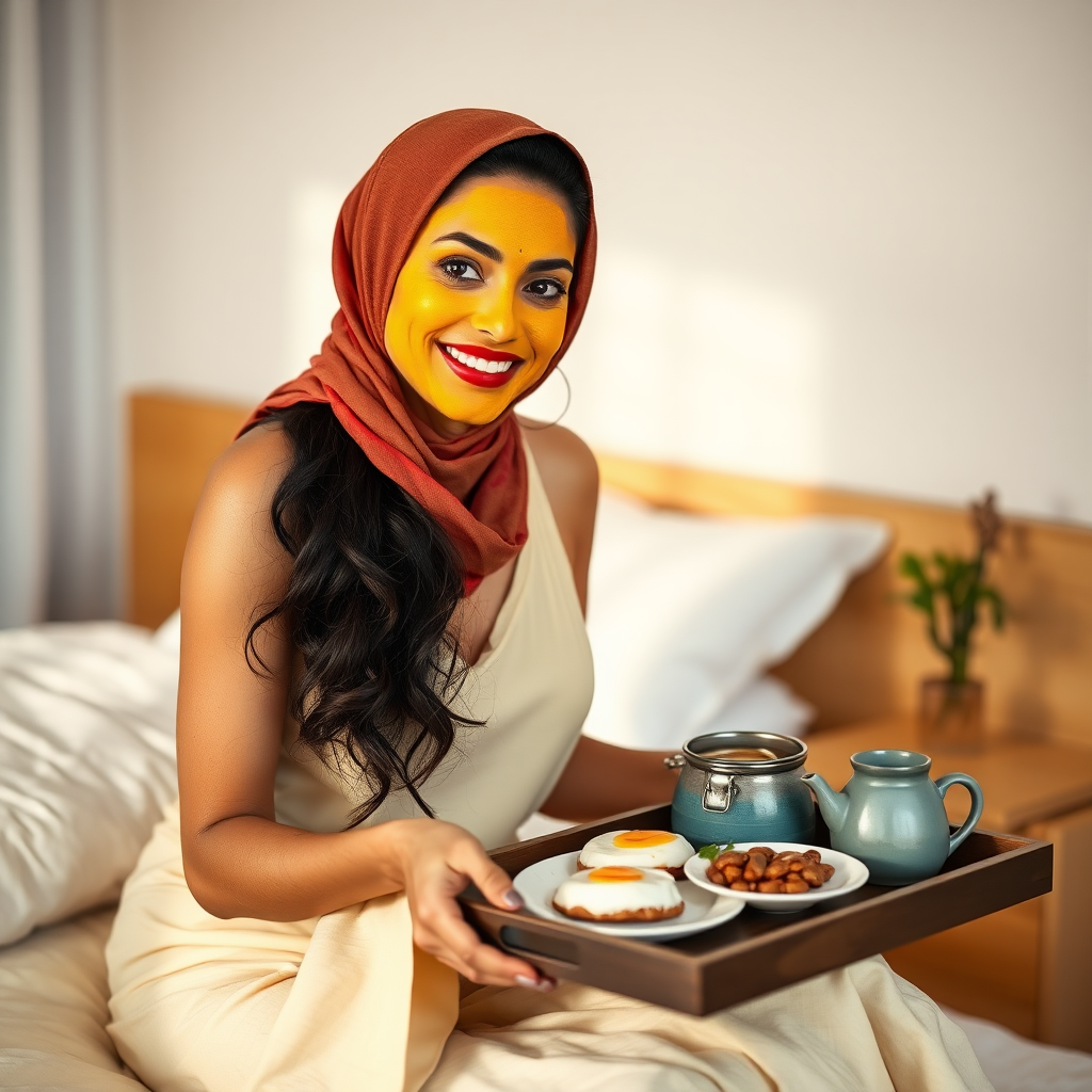 slim, 30 year old, sexy, indian wife, scarf head, turmeric face mask. She is smiling and serving breakfast on a tray on bedside table