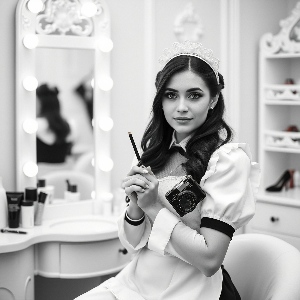 female french maid working in beauty parlour, holding a pennis