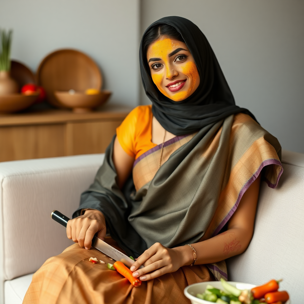 slim, 30 year old, modern indian wife with saree and hijab, turmeric paste on her face. she is sitting on a sofa and cutting vegetables