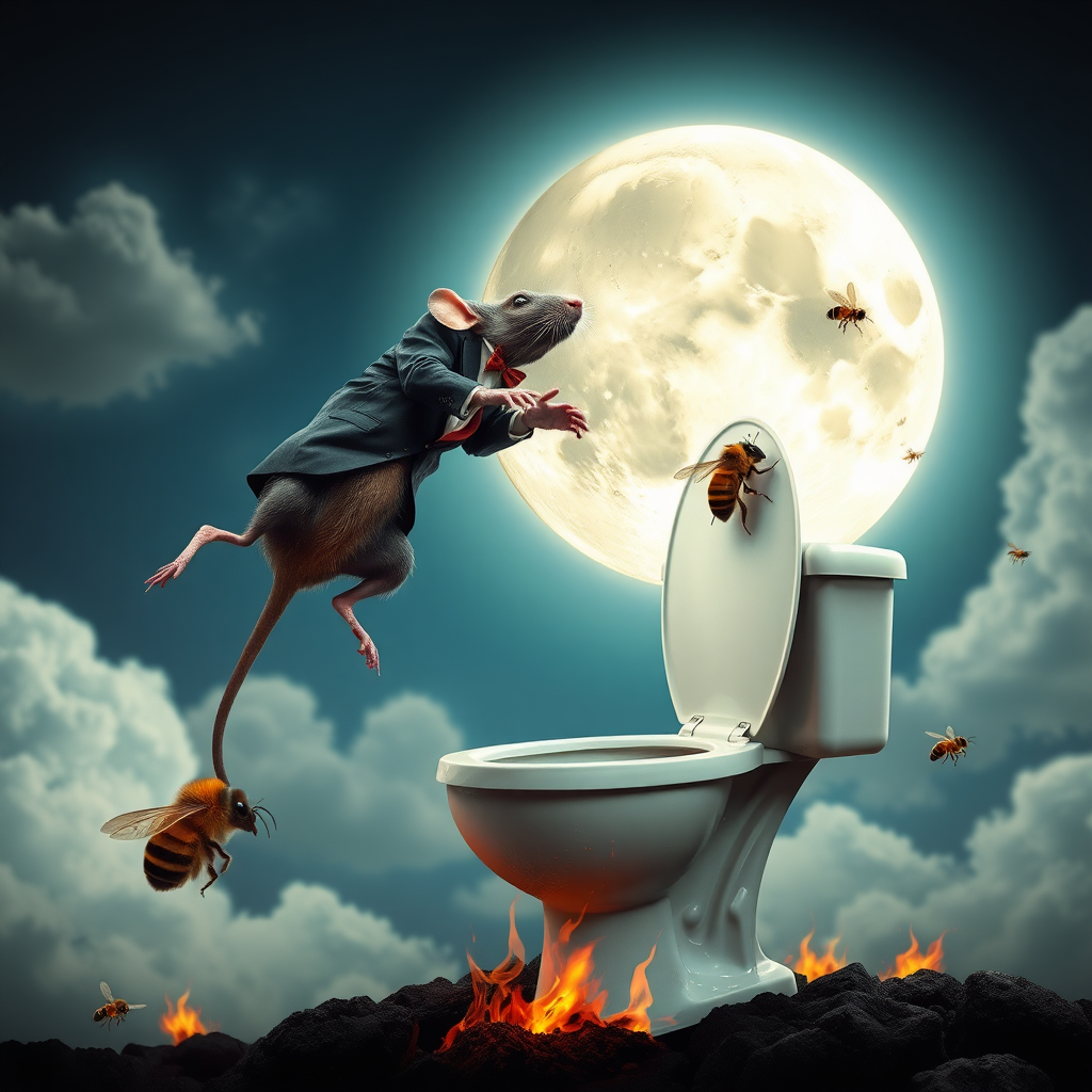 A rat politician diving off the moon into a toilet, bees, 2000s musical movie poster, no text, hell