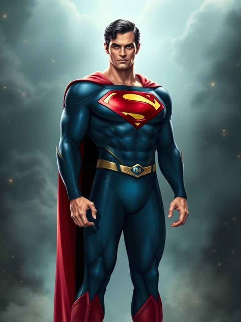 Create a full-length image of Superman with Zatanna's female body type while keeping Superman's head intact. Integrate some embellishments or elements from Zatanna's costume, such as magical accents or style. Design a background that suitably merges the iconic atmospheres of both characters' worlds, ensuring it complements their personalities and power.