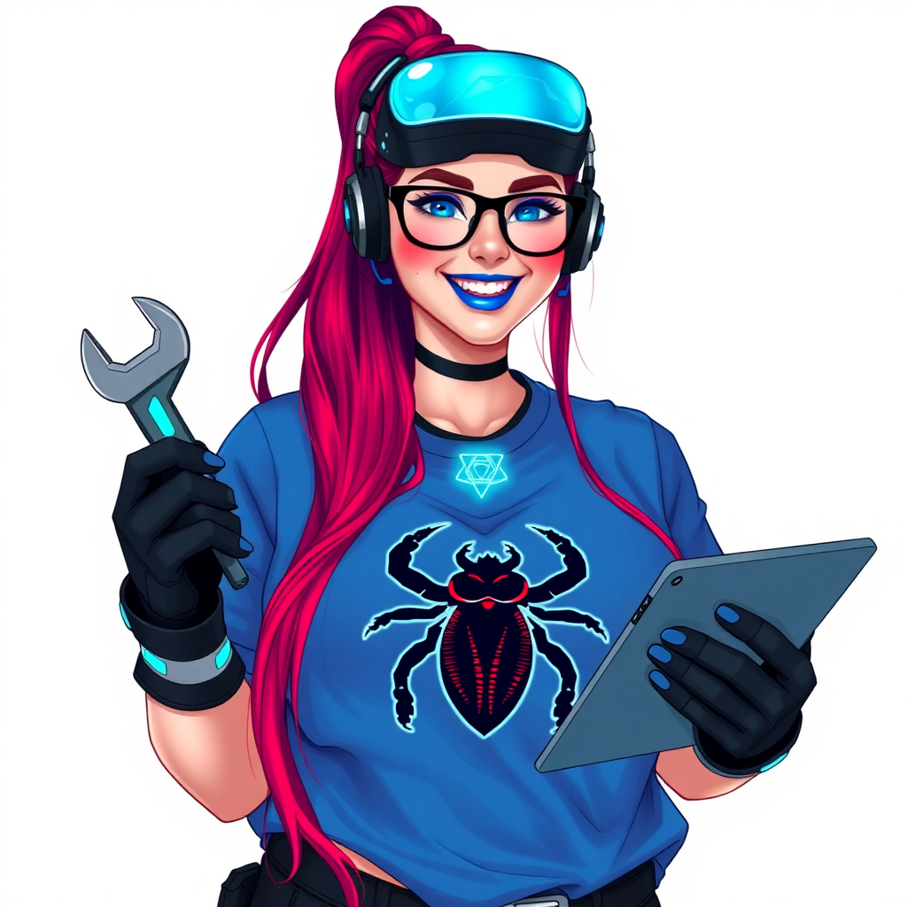 A full-sized, intelligent and tech-savvy 28-year-old computer hacker and tech genius. She has a long ruby red ponytail. She wears maximum blue lipstick, blue eyes, a sapphire beetle gemstone necklace, sapphire earrings, black eyeglasses, hi-tech power gloves, and a gigantic oversized maximum blue t-shirt featuring a neon blue glowing beetle chest icon. She has a full-figured physique with a gargantuan, round midsection, reflecting her well-cared-for lifestyle. She sports a sapphire headset with a hi-tech maximum turquoise lensed HUD, and a beaming smile accentuated by a passionate neon red blush. She serves as his tech expert from his hideout, holding a futuristic tool wrench and a futuristic digital tablet. The background is solid white. She is drawn as if she was in a retro 2D cyberpunk fighting game.