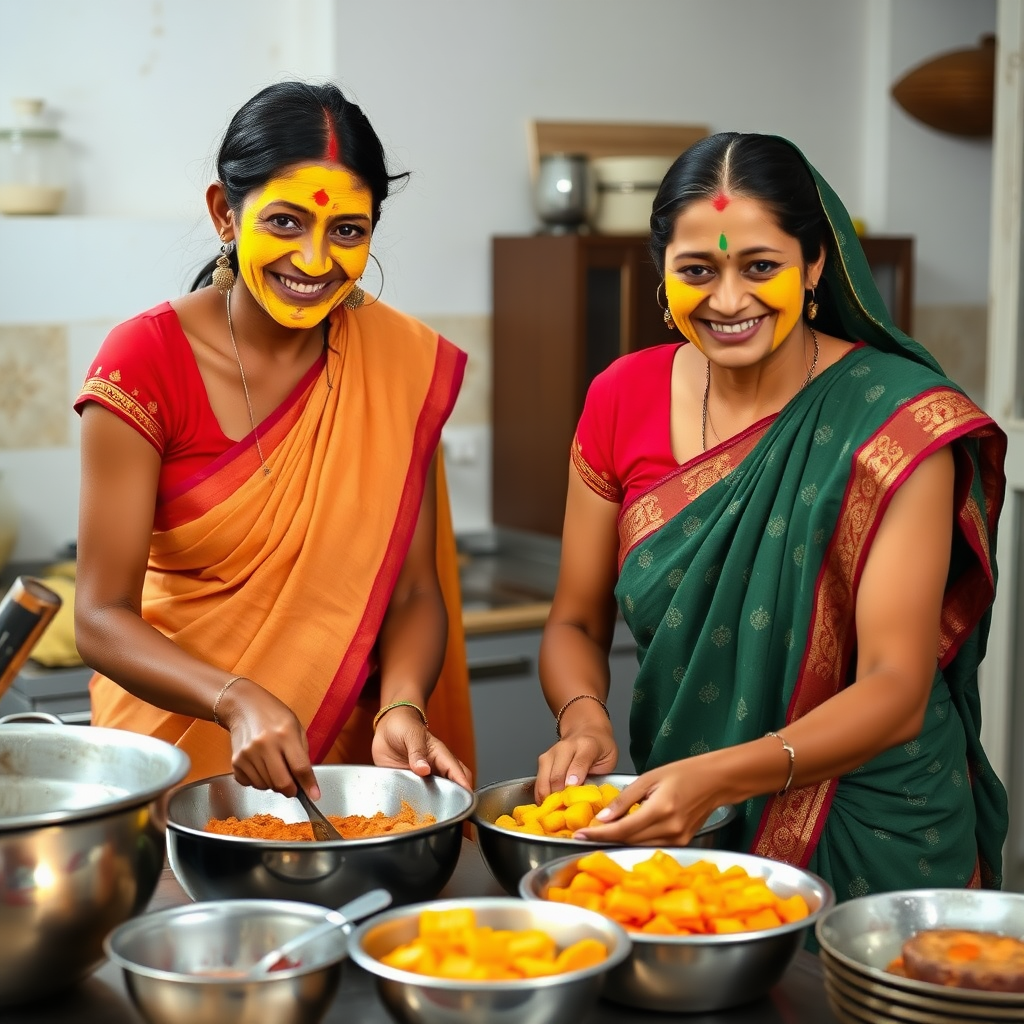 2 skinny, happy, traditional, 30 year old Indian maids. They are preparing food in the kitchen. Their face is covered with a turmeric face mask.