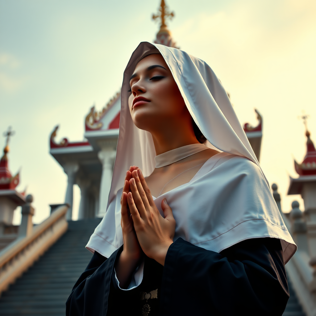 Erotic picture of a nun praying on a temple