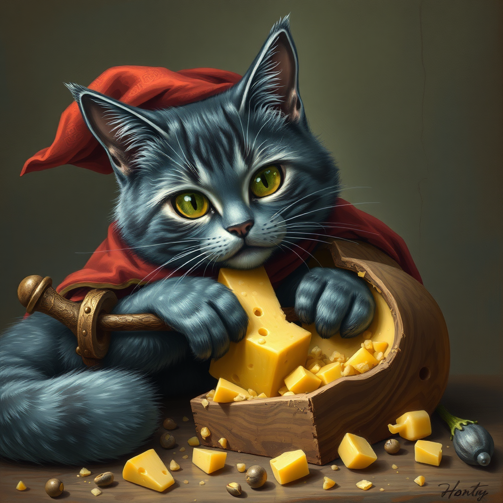 Russian blue cat pirate digging up a treasure cheese filled with cheese, glurge art