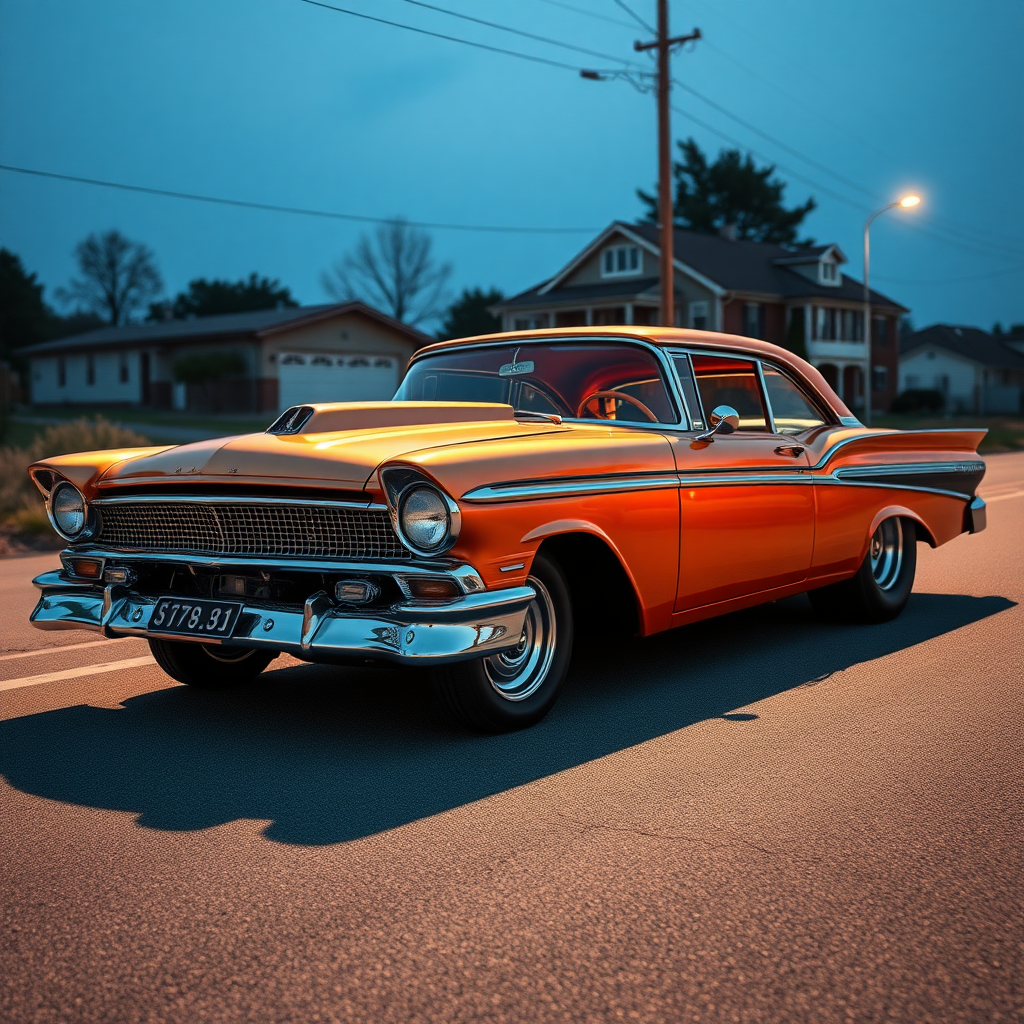 the drag car is parked on the side of the road, inspired by Taiyō Matsumoto, tumblr, restomod, nd4, c4 metallic shine classic american low rider ford