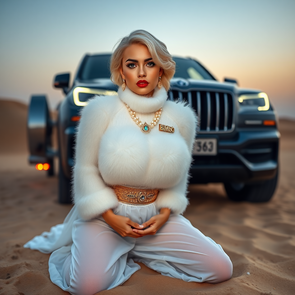 Kuwait desert dunes misty dawn, full size luxury SUV: Melissa, European 17 years old very convincing femboy “trophy-bimbo”, tamed servile docile, very beautiful feminine flawless face, rather short, by hormones very curvaceous womanly figured, platinum blond short tight curls, bold red lips, heavily made-up face, wearing Supertanya-style fluffy very fuzzy bright white angora turtleneck-poncho cropped ending under bust decorated with pearls and gemstones, striking oriental wide gold bridal protection belt, white fully transparent harem pants, full Oriental bridal jewelry including headpiece, nose-ring, coin anklets, striking diamond “Bimbo” letter brooch on left chest, pout frustrated, hands tied behind back, kneeling in sand in front of SUV, looking at camera. Focus on face and turtleneck-poncho.