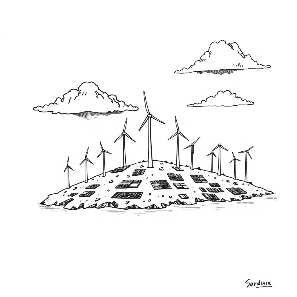 Create a comic drawing of the island of Sardinia showing it being overwhelmed by huge wind turbines and solar panels. The style is a minimalist drawing with only black ink.