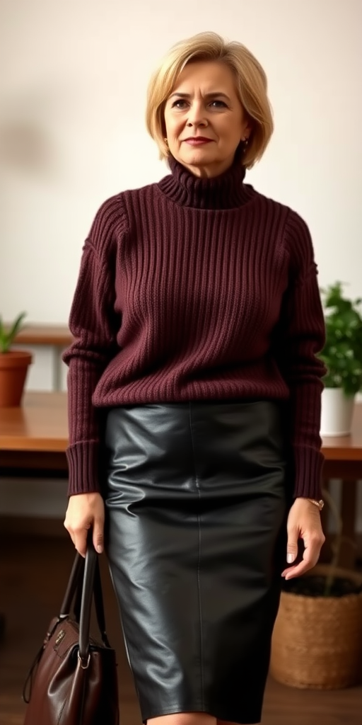 a mature woman wearing a knee long leather pencil skirt and a baggy turtleneck sweater