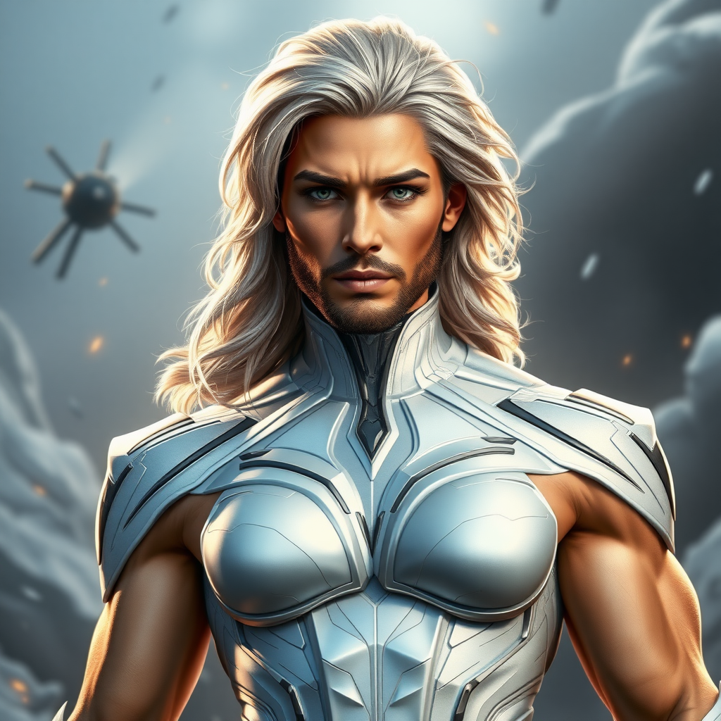 Create a full-length photorealistic image of a composite character combining Emma Frost's head, hairstyle, and facial features with the male body type of Marcus Fenix. Retain Emma Frost's iconic costume, adjusted for the new muscular build. Design a dynamic background that merges elements from both characters' universes, showcasing a blend of Frost's elegant, icy themes and Fenix's gritty, battle-worn environment. Ensure the final image captures the essence of both characters while presenting a unique, cohesive look.