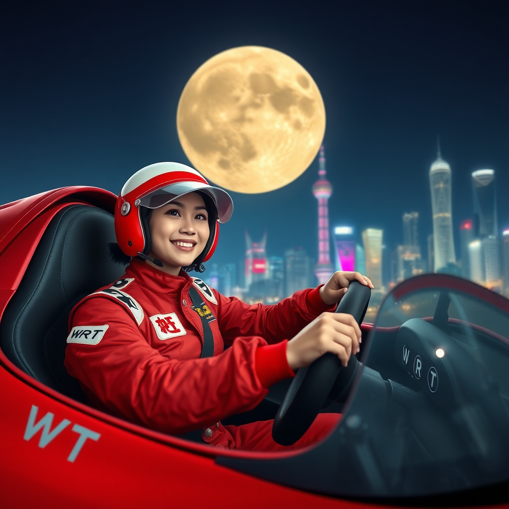 A Chinese beauty racing driver, she's smiling, driving a red race car with only "WRT" written on the body, and her red racing suit also has "WRT" written on it. The background features the night view of Shanghai and a huge moon.