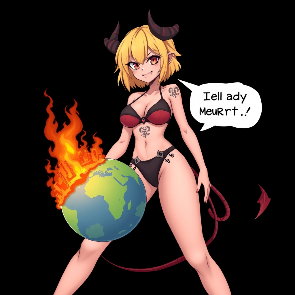 Anime, Black background, A mischievous tall-slender demon girl, short blond hair, wearing sexy-micro bikini-bra-like clothing, g-string, Womb tattoo on belly, mischievous smile, large breasts, full body, long legs, looking at viewer, speech bubble with a burning city, holding the earth.