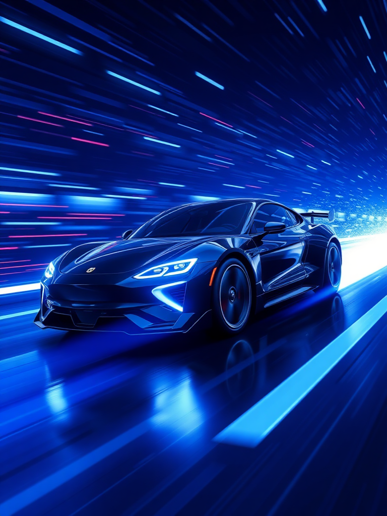 Make a realistic 3D rendering of an electric car racing in cyberspace. Make the background cyber-like and the electric sparks give off a sense of speed. Make the overall color dark blue.