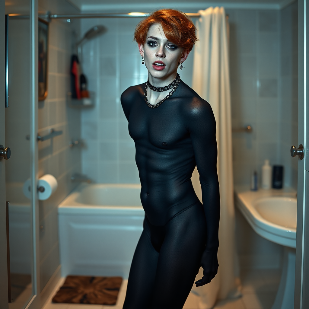 photorealistic, ultra high resolution, 16K, surreal fantasy, soft studio lighting, Caleb Swift is a pretty 16 year old goth male, slim male physique, auburn hair, blue eyes, goth makeup, earrings, black pantyhose body suit, spikey neck collar with chain, standing on the floor of the bathroom, excited mouth, bulging crotch, full body front view of Caleb facing the camera.