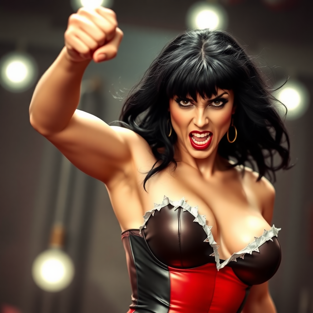 Vampirella looking angry with one fist high in the air. Her bodice is torn and her hair is messy. DSLR