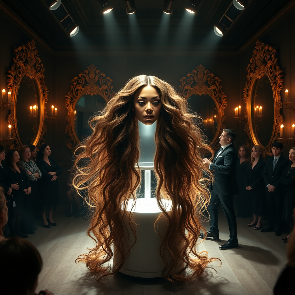 In an enchanting exhibit of a unique long hair fetish museum, a stunningly elaborate magic trick captivates the audience’s attention. At the center of the dimly lit space, a gracefully illuminated stand showcases the ethereal figure of Beyoncé’s disembodied head, framed by cascading waves of her lustrous, very long hair that cascades down like shimmering silk. The hair, glistening under soft, warm spotlights, exhibits hues of deep mahogany with subtle hints of golden highlights, creating an almost hypnotic effect.

Surrounding the stand, walls adorned with gorgeous, vintage mirrors reflect the shimmering locks, amplifying their beauty and allure. The hushed whispers of intrigued onlookers blend with the distant soft strains of classical music, enhancing the atmosphere of wonder and awe. The air is scented lightly with a blend of fresh flowers and rich sandalwood, creating a serene environment that feels both magical and slightly surreal.

As the audience watches, the hair seems to sway gently, as if a life of its own, evoking a sense of wonder and curiosity. The performer, dressed in an elegantly tailored suit, adds to the mystique as they skillfully manipulate the setup, their swift movements punctuated by gasps of disbelief and excitement from the crowd. This moment encapsulates a fusion of artistry and illusion, capturing both the essence of beauty and the intrigue of the extraordinary.