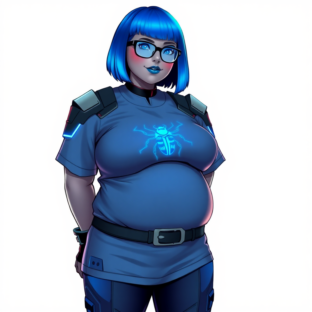 A 28-year-old, full-figured, metallic middle gray skinned computer program hybrid with a vibrant maximum blue bob cut. She has a non-athletic build, highlighted by a prominent, round, large midsection (fully emphasizing her round large belly) while being covered by her large t-shirt, reflecting her new junk food eating habits influenced by her boyfriend. As the full-figured, nerdy, digital sidekick to her cyberpunk vigilante boyfriend, her middle gray metallic skin and maximum blue lipstick underscore her digital essence. She dons a digital, computerized outfit: a large, tight-fitting, high-tech, maximum blue t-shirt with neon blue glowing beetle themed accents complete by a giant neon blue glowing beetle icon on the chest, hi-tech shoulder pads with neon blue accents, a black hi-tech belt with a digital sapphire beetle buckle, digital maximum blue pants with neon blue accents, and black hi-tech gloves with neon blue glowing accents. Her neon blue glowing eyes, black eyeglasses with neon blue lenses equipped with a built-in HUD, and shy smile with neon red blush highlight her nerdiness. She stands bashfully with one hand behind her back and the other gently touching her cheek, her outfit covering all her bare skin and fully emphasizing her full-figured physique (especially her large belly). She is clearly non-athletic, with a heavy focus on her full-figured physique (with full emphasis on her large belly). Despite her build, she radiates beauty. Her slim face contrasts with her physique, accentuating her radiant beauty. She is set against a solid white background. She is drawn as if she were in a retro 2D cyberpunk fighting game.