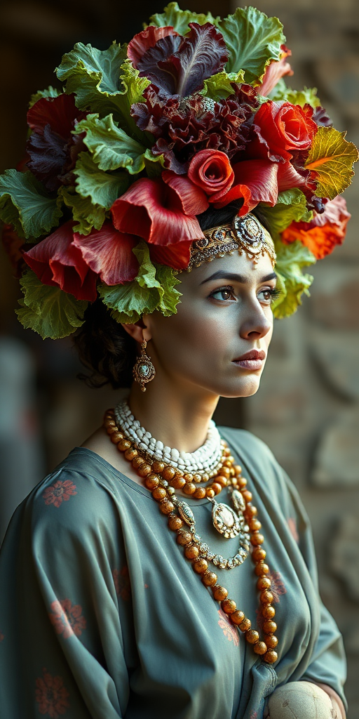 what's your salad headdress made of of? Romaine empire goddess of plebs. Swindler of distress, master of deception. captured on Nikon D40, digitally enhanced color correction, bifocally improved II inspiro Vivian Maier