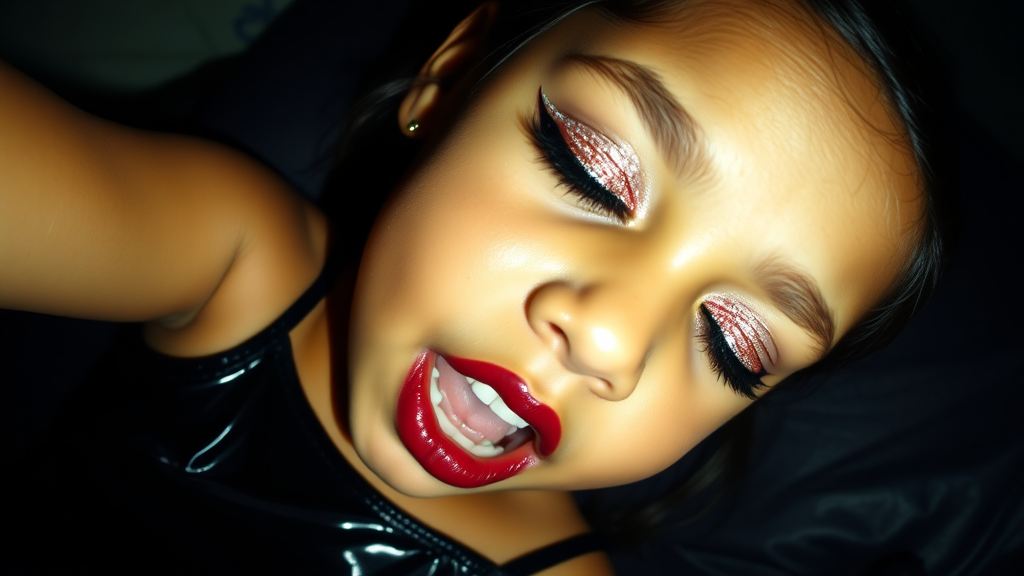 four-year-old-latina-female-child.  
She is wearing intense-glitter-eyeshadow, thick-winged-eyeliner with very-dramatic-eyeliner-wings, and dark-burgundy-glossy-lipstick.  
She is wearing a tight-glossy-latex-sleeveless-crop.  
Her mouth is open, eyes closed.  
Fish-eye-lens, laying down in a dark motel room, amateur flash photography.