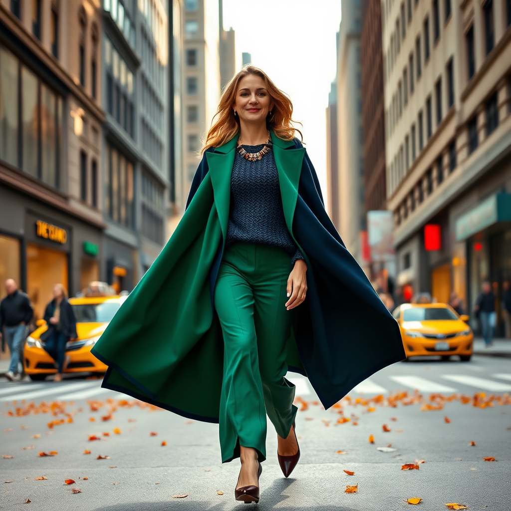 In the bustling heart of New York City, a medium-sized woman strides confidently down the iconic 5th Avenue, her presence radiating an air of effortless style that commands attention. She dons an oversized, fashion-forward ensemble, where rich, vibrant hues of emerald green and deep navy blue harmoniously blend within a flowing, tailored cape that flutters gently in the crisp autumn breeze. Beneath, she wears a textured, chunky-knit sweater that looks cozy yet chic, complemented by wide-legged trousers that grace her ankles, subtly revealing polished, ankle-strap heels that add a touch of elegance to her look.

As she navigates past high-end boutiques and shimmering storefronts, the sounds of the city swirl around her—cheerful laughter from passersby, the rhythmic clatter of heels on the pavement, and the distant honking of yellow cabs. The air is infused with the rich scent of freshly brewed coffee from a nearby café, mingling with notes of roasted chestnuts from a street vendor. Sunlight filters through the tall skyscrapers, casting playful shadows that dance along her path.

Her hair, cascading in loose waves, catches the light as she moves, and she wears a bold, statement necklace that draws the eye, glinting in hues reminiscent of the autumn leaves scattered on the street. A framed expression of determination and joy plays across her face, reflecting her inner confidence as she navigates the vibrant tapestry of the city around her, inspiring others to appreciate the beauty of self-expression in every step she takes.