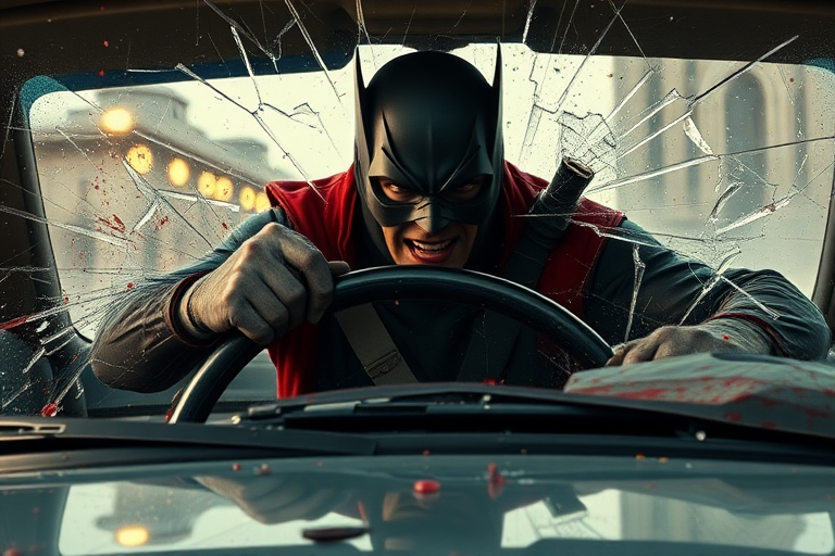 Realistic. Glass breaking as tortured, Masked Superhero propelled forward in car crash over steering wheel and out through windshield of car and out over hood of car. Blood and glass flying. Mask being torn from face by breaking windshield.