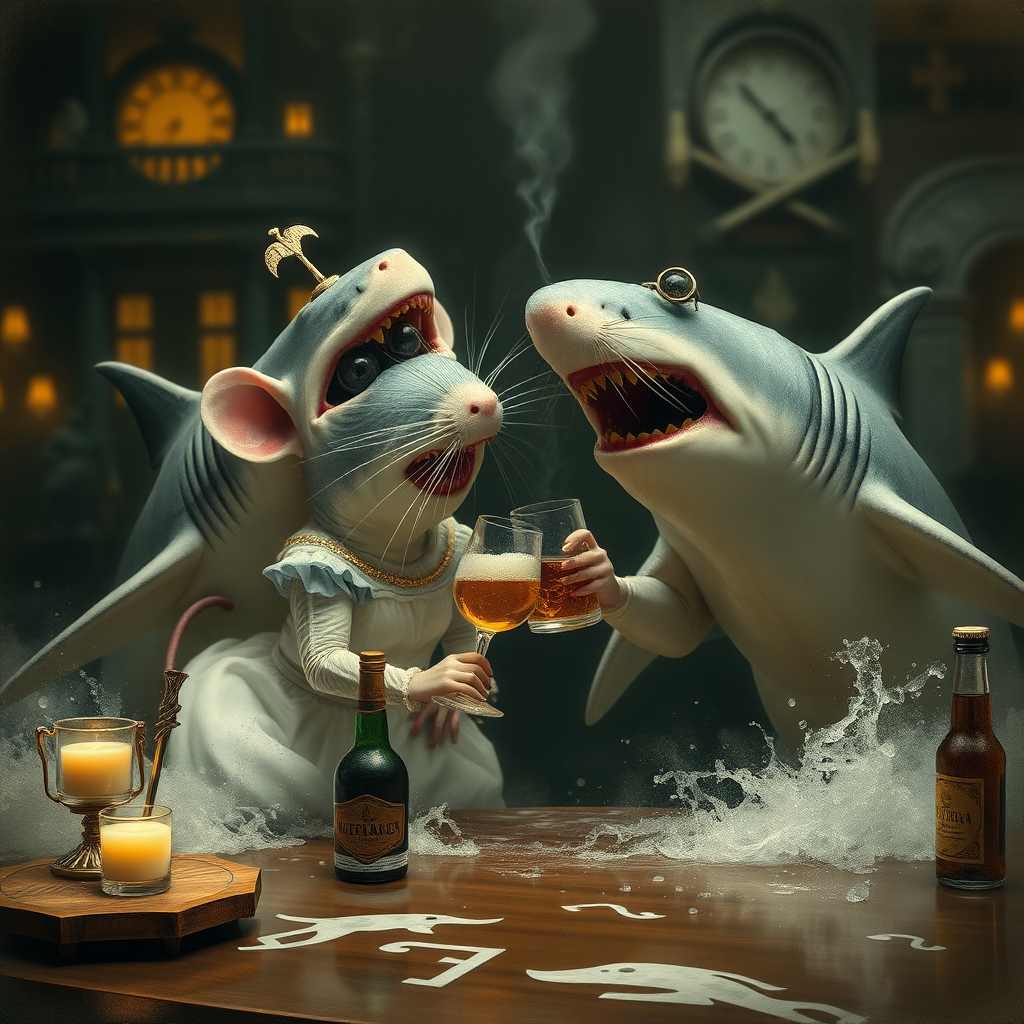 A rat wedding being attacked by hammerhead sharks, no text, Lovecraftian, in Amsterdam, steam punk, tacky, whiskey ad