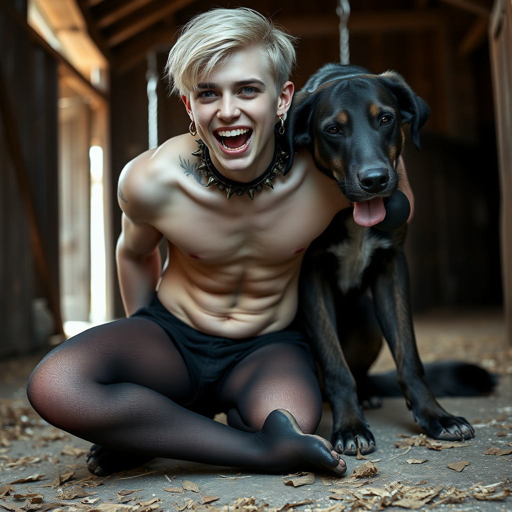 photorealistic, ultra high resolution, 16K, surreal fantasy, soft studio lighting, Caleb Swift is a pretty 16 year old goth male, slim male physique, blonde hair, blue eyes, goth makeup, earrings, sheer black pantyhose, spikey neck collar with chain, kneeling and leaning forward on the floor of the barn while his large dog rests its front legs on Caleb's back, during daytime, excited open mouth smile, small black ball-gag, drooling a stream of saliva from his mouth, bulging crotch, facing the camera.