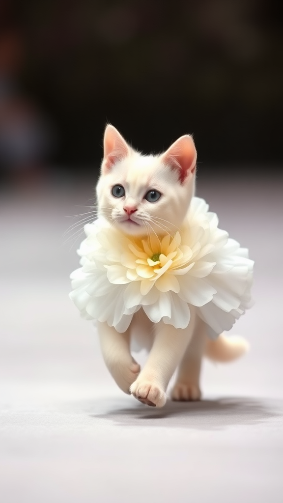 A little white cat walking on two paws wearing a white real flower frock doing a ramp walk.