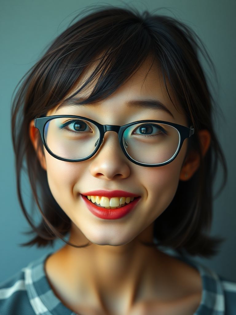 detailed, perfect proportion, high realism, real casual photo, japanese nerdy skinny woman with big nose, big mouth, big yellowish teeth, moles, big eyeglasses and medium hair, retarded