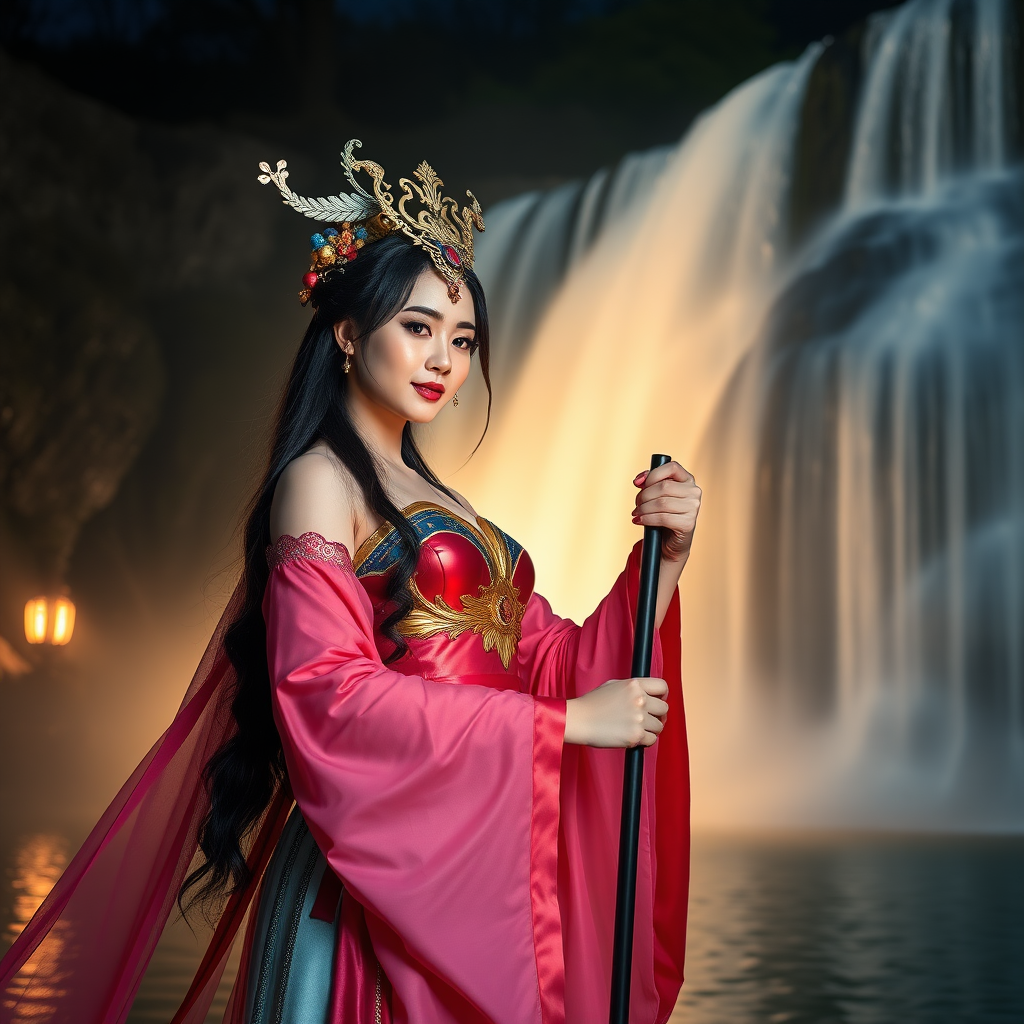 The Wonder Woman in Hanfu, the Chinese mythological figure Chang'e wearing JK costume, A magazine-like photograph, nikon 500, of a waterfall right at night time