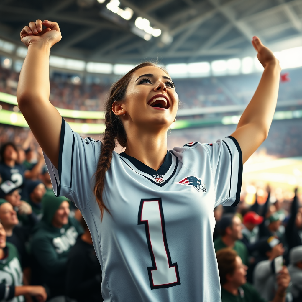 Extremely attractive female NFL fan, hollering, pigtail hair, jersey, arms raised, jumping, inside a crowd, NFL stadium