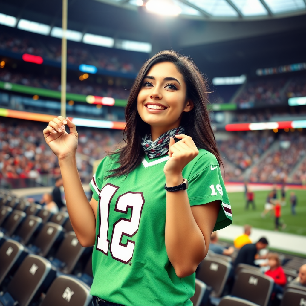 Attractive female NFL fangirl, stadium bleacher row, cheering during match