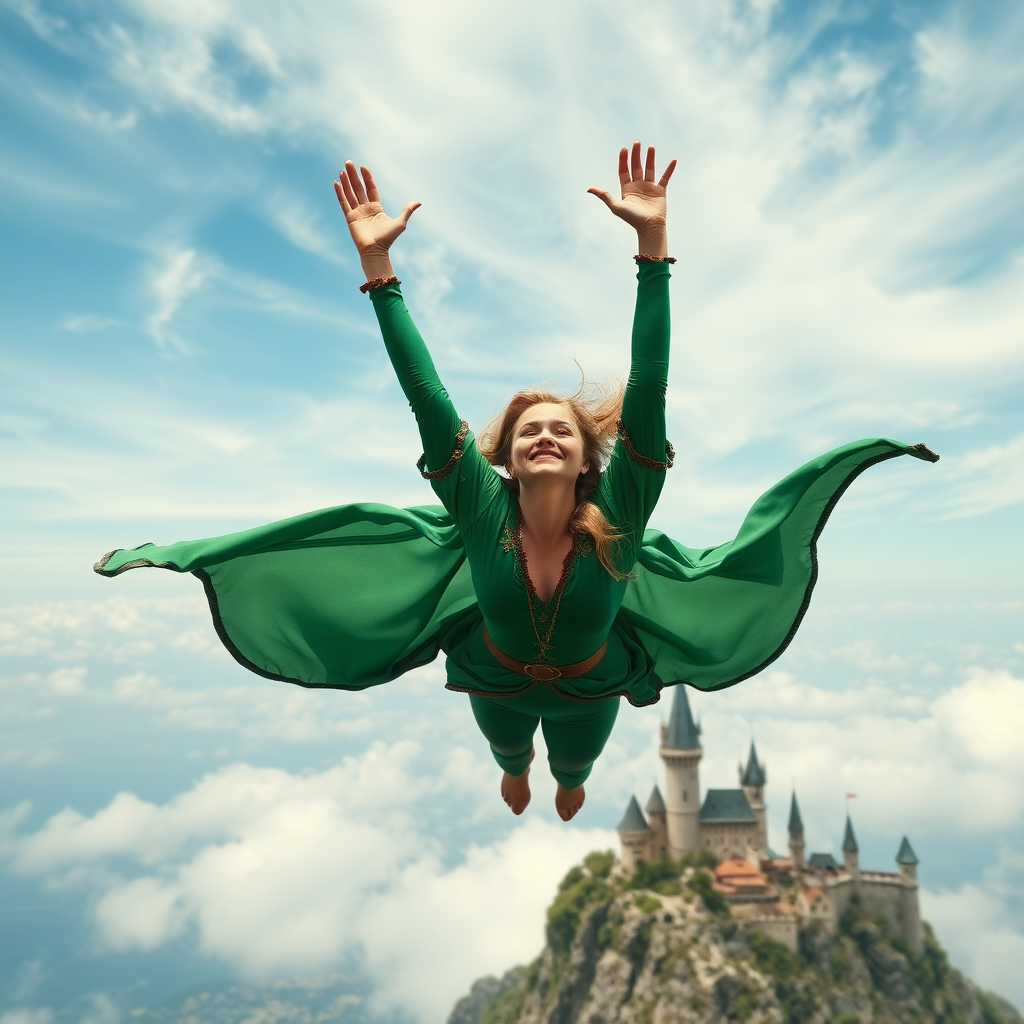 A woman cosplaying as Molotov Coqtiz is flying in the air surrounded by the skyscape of Neverland. The denizens of Neverland are all around with locations on the island clearly visible behind her. Her graceful arms float above her head. In the photographic style of Richard Fegley on DSLR.