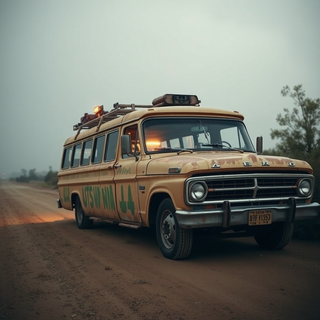 Ford Falcon Mad Max post Indian apocalyptic night dust rusty zombie the bus is parked on the side of the road, inspired by Taiyō Matsumoto, Tumblr, restomod, ND4, C4