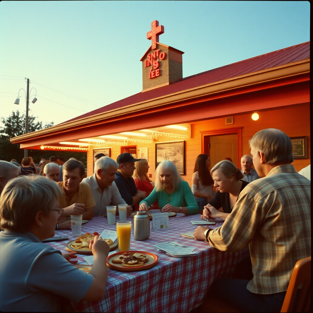 highly detailed Kodachrome color real surrealist photograph from 1974 of Yes indeed, here we are!  
At Saint Alfonzo's Pancake Breakfast  
Where I stole the mar-juh-reen  
An' widdled on the Bingo Cards in lieu of the latrine