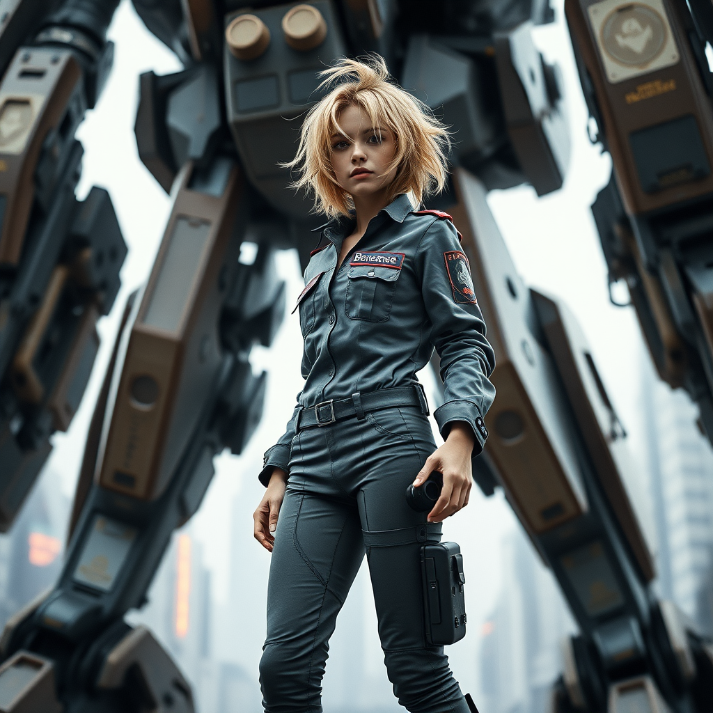 A full body shot of a pretty twenty-something female with a face resembling (ana de armas). strawberry blonde messy shoulder length hair tussled by wind. military outfit, "Benaenae" badge on the breast pocket, long legs, futuristic neo-tokyo, standing on the foot of a battletech giant mech twice the height of buildings, Hyper-realistic, Photorealistic digital matte painting, soft focus, film grain, lens flare. gritty, dirty, scuffed.