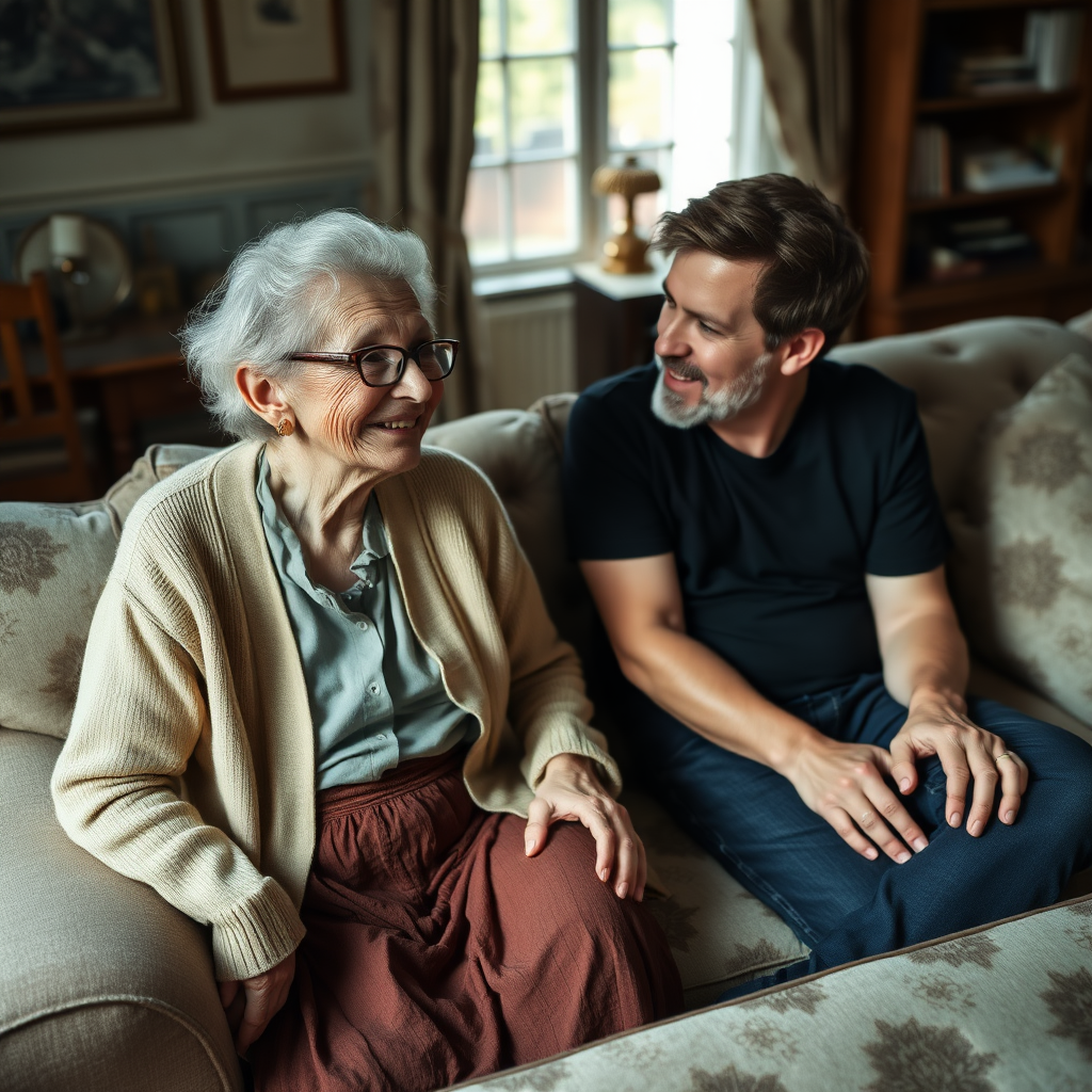 In a scene viewed from an angle and slightly above: In an old-fashioned English living room, a very frail and thin, very elderly English lady with a kind smile, short, thinning white curly hair, wrinkled face, neck and skin, wearing thin framed glasses, an old cardigan, blouse and long skirt is sitting on a sofa with an English man about 40 years old, grey stubble on his chin, brown hair, sitting close next to her on the same sofa, wearing a black T-shirt and dark blue jeans. The man and woman are smiling at each other. The woman is looking at the man's eyes and smiling. The man is looking at the woman's eyes and smiling.