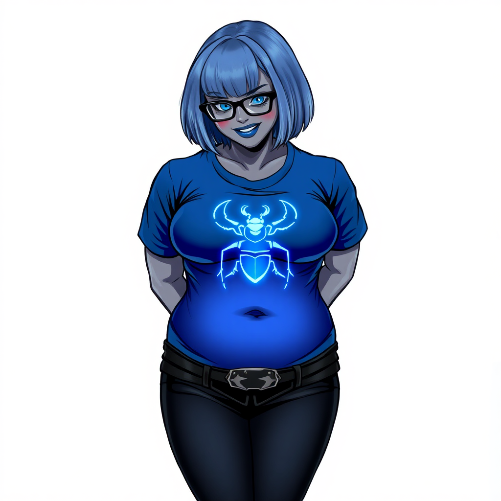 A 28-year-old, full-figured, metallic middle gray skinned computer program hybrid with a maximum blue bob cut. She has a non-athletic build, highlighted by a prominent, round midsection (with a focus on her belly). As a digital sidekick and computer hacker to her cyberpunk vigilante boyfriend, her middle gray metallic skin and maximum blue lipstick emphasize her digital nature. She wears a tight-fitting, maximum blue t-shirt (accentuating her belly) with a neon blue glowing chest icon of a beetle, black pants, a black belt with a sapphire scarab buckle, and black gloves. Her bright blue eyes, black eyeglasses, and shy smile with neon red blush accentuate her nerdiness. She bashfully bows her head with her hands behind her back, her t-shirt covering her midsection (especially her belly) and emphasizing her full-figured, non-athletic physique. She is on a solid white background. She is drawn as if she was in a retro 2D cyberpunk fighting game. She is clearly non-athletic, with a focus on her full figure. Make sure her t-shirt covers her midsection (especially her belly).