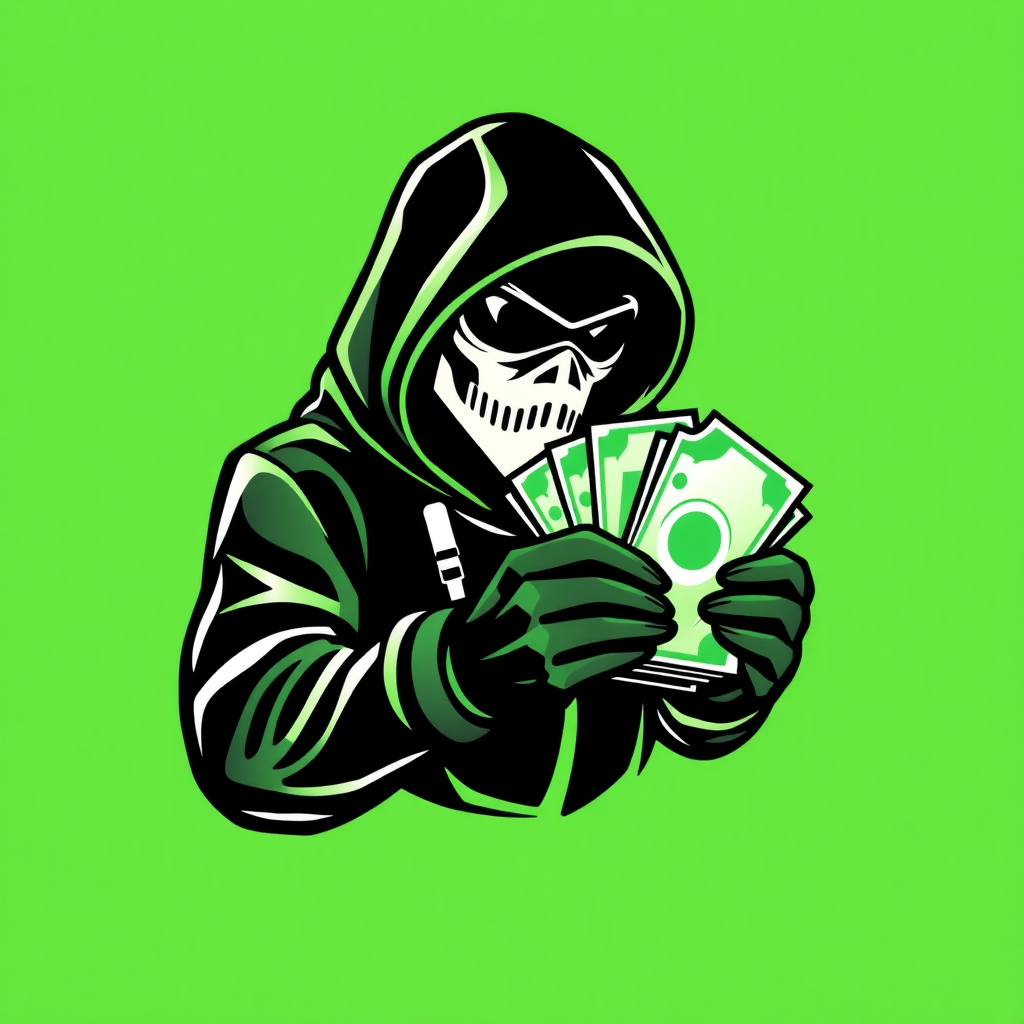 A logo art of a hacker holding lots of money. Black and white and dark green for the cash